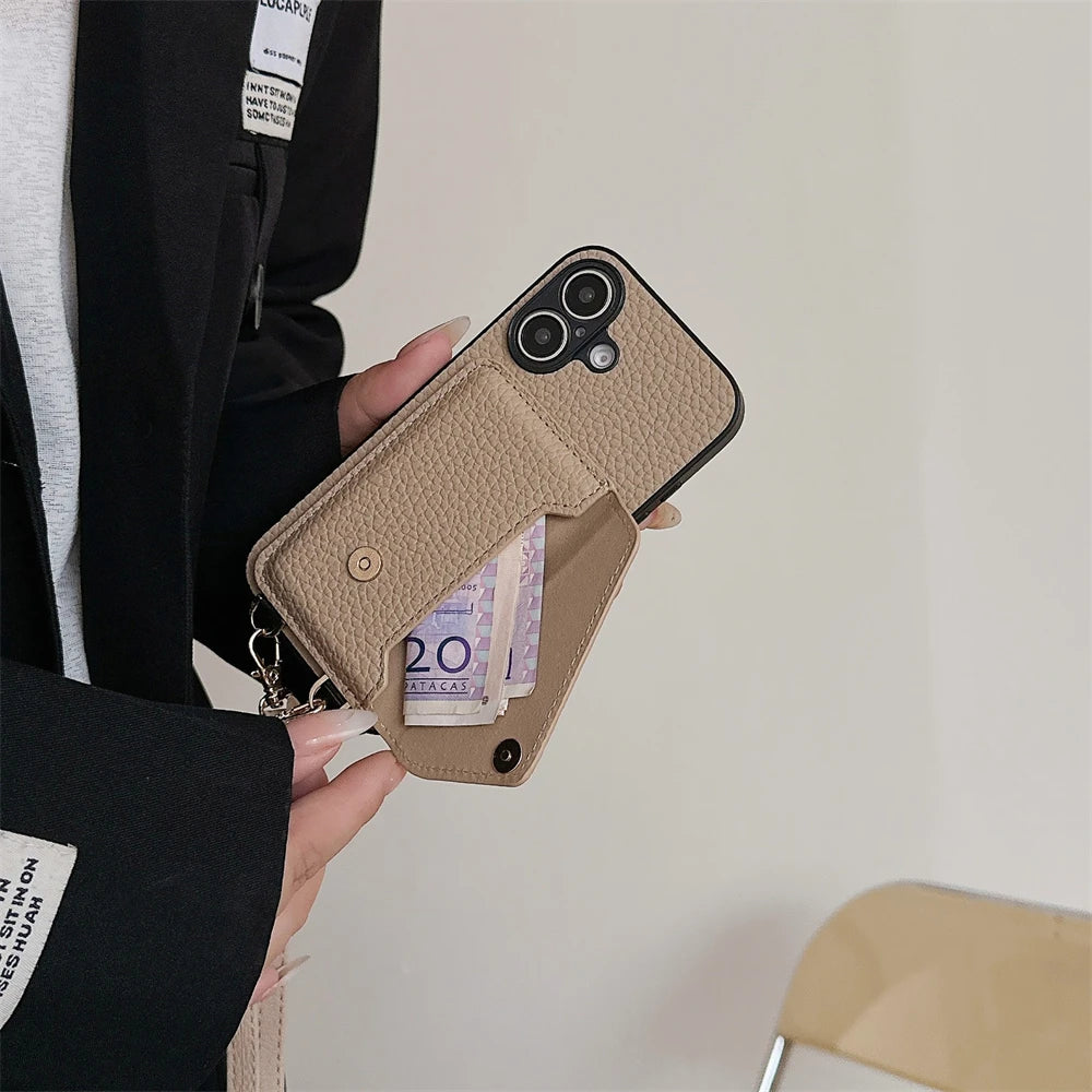 Crossbody Lanyard Necklace Strap Rope Leather Phone Case For iPhone 17 16 12 14 13 15 Pro Max XS 8 Plus Wallet Card Holder Cover