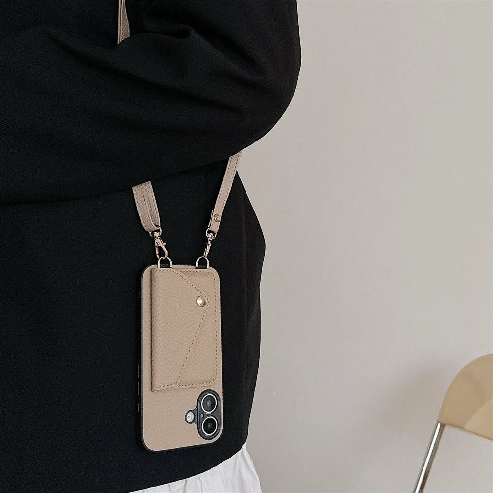 Crossbody Lanyard Necklace Strap Rope Leather Phone Case For iPhone 17 16 12 14 13 15 Pro Max XS 8 Plus Wallet Card Holder Cover