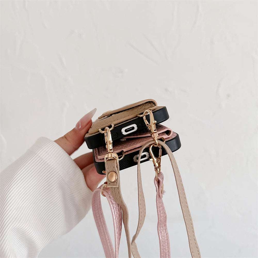 Crossbody Lanyard Necklace Strap Rope Leather Phone Case For iPhone 17 16 12 14 13 15 Pro Max XS 8 Plus Wallet Card Holder Cover